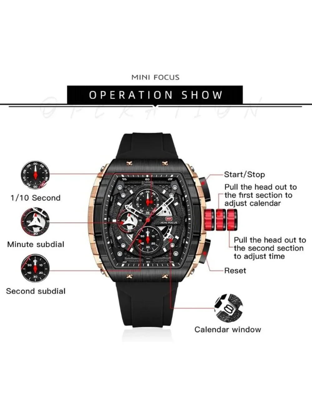 Men's Black Silicon Strap Quartz Chronograph Waterproof Luminous Tonneau Watch